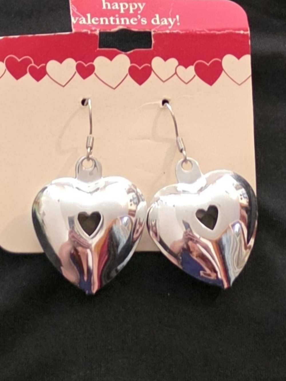 Silver Heart Dangle Earrings with Cutout Hearts And Bell Inside